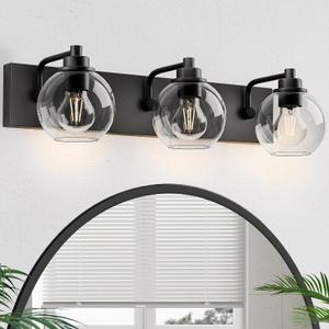 Bathroom Light Fixtures-Matte Black Vanity Lights for Bathroom, Modern Black Vanity Lights 3-Light Bathrooms Lighting Fixtures Over Mirror with Clear Glass Shade