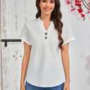 Sovugavy Women's Cotton Linen Button Down Blouse Short Sleeve V Neck Loose Fit Breathable Casual Summer Dressy Work Daily Wear White (White, XL)