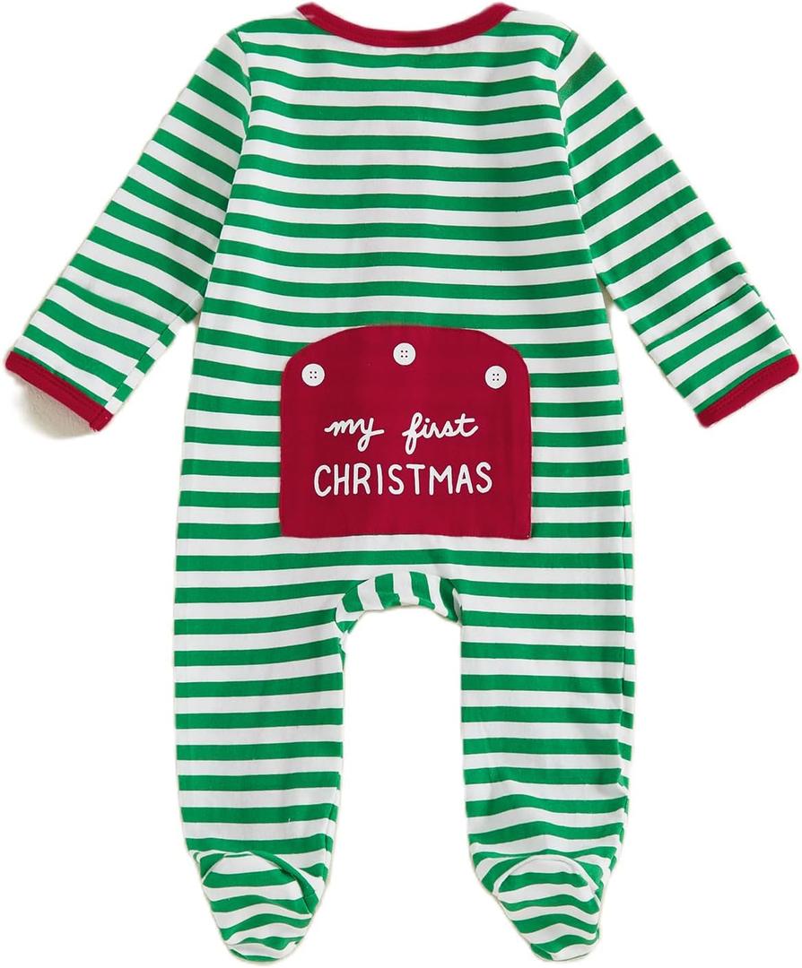 Seyurigaoka Newborn Baby Boy Girl Christmas Outfit My First Christmas Footed Romper Jumpsuit Gender Neutral Baby Clothes (0-3 Months, Green Striped)