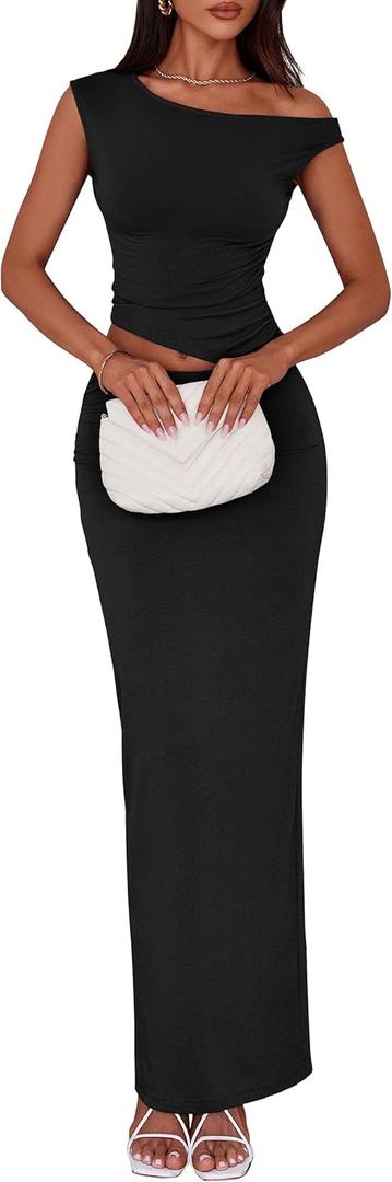 PRETTYGARDEN Skirt Sets Women 2 Piece Outfits Summer 2025 One Shoulder Sexy Ruched Bodycon Maxi Long Skirts (Large, Black)