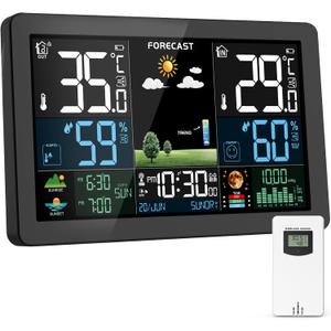 Weather Station Wireless Indoor Outdoor, Thermometer Wireless with Remote Sensor, Home Weather Station, Color Display Digital Weather Forecast, Humidity, Atomic Clock, Air Pressure for Home