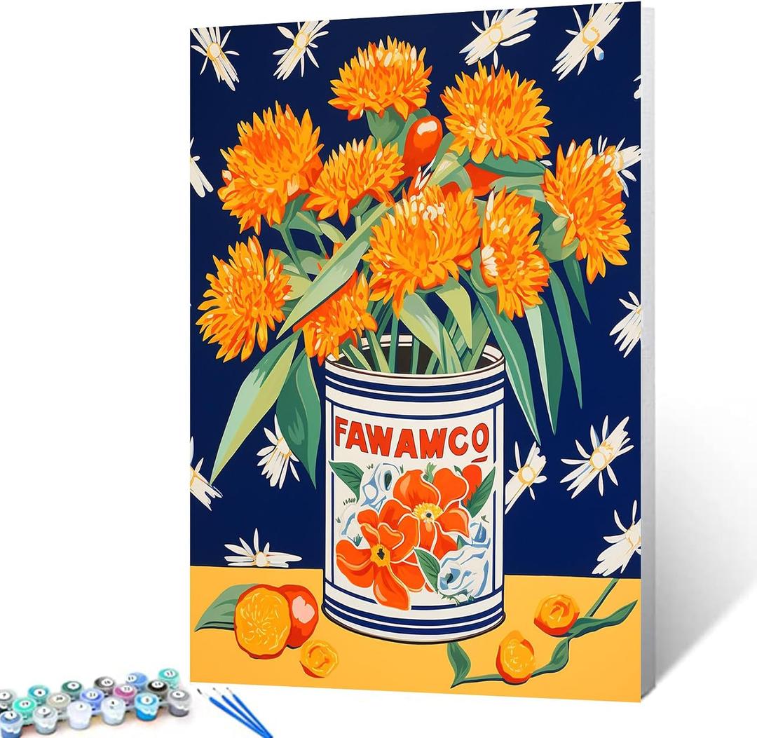 Retor Orange Flowers in a Tin DIY Paint by Numbers for Adults Orange Floral DIY Oil Painting Acrylic Paint Art Painting Kit Canvas with Acrylic Paints Vintage Flowers Art 16x20 Inch（DIY Frame ）