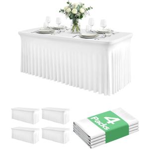 4 Pack Spandex Table Cover Skirts for 6ft Rectangle Tables, White Stretch Table Cloths with Floor-Length Ruffle, Elastic Fitted Skirted Tablecloth for Elegant Wedding Banquet Party Buffet Decoration