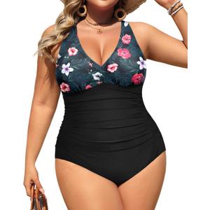 Aqua Eve Women Plus Size One Piece Swimsuits V Neck Tummy Control Bathing Suits Retro Ruched Swimwear (Floral & Black) 22W