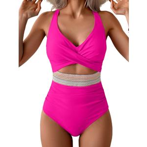 B2prity One Piece Swimsuit for Women Tummy Control V Neck Bathing Suit Color Block High Waisted Cutout Swimwear (Medium, Hot Pink)
