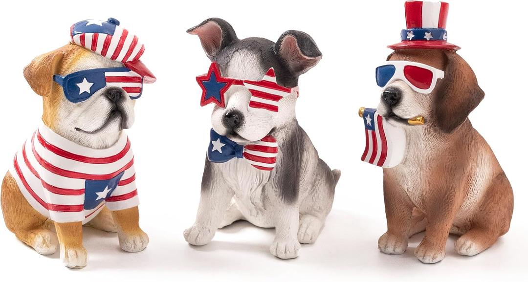 Valery Madelyn 4th of July Puppy Decorations, Memorial Day Decor for Home, Medium 3Pcs Patriotic USA 250th Anniversary Decorations, Stars and Stripes Dogs Figurine for Independence Day Labor Day