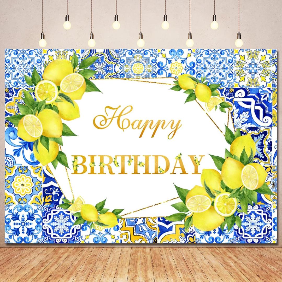Lemon Birthday Backdrop Lemon Party Decorations,Blue Tiles Morocco Mediterranean Backdrops Italy Lemon Birthday Banner Photography Background for Happy Bday Supplies Photo Booth Props 7x5ft