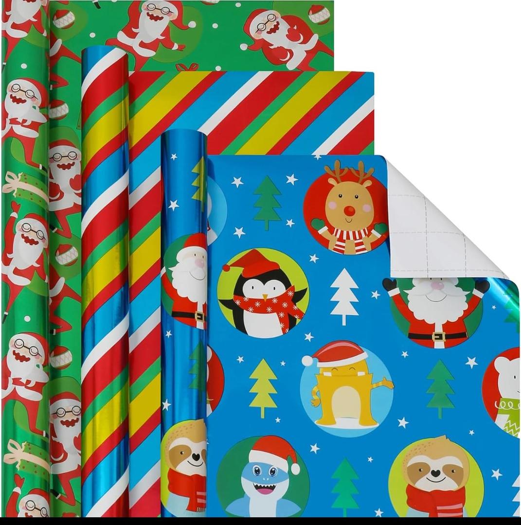 Christmas Foil Wrapping Paper with Cut Lines on Reverse 3 Rolls Pack - Dancing Santa Claus, Colorful Stripes and Assorted Christmas Characters - Holiday Wrapping Paper Bundle, 24 Inch X 144