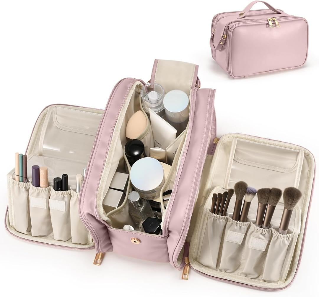 Travel Makeup Bag Women's Large Capacity Cosmetic Portable Organizer Large Opening Waterproof Storage Toiletry Bags Vertical Free-Standing Brush Holder for Easy Access Pink
