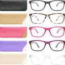 Reading Glasses Blue Light Blocking, Computer Glasses for Women Men, Fashion Square Eyeglasses 5 Pairs (Black + Leopard + Pink + Purple + Clear, +1.25)