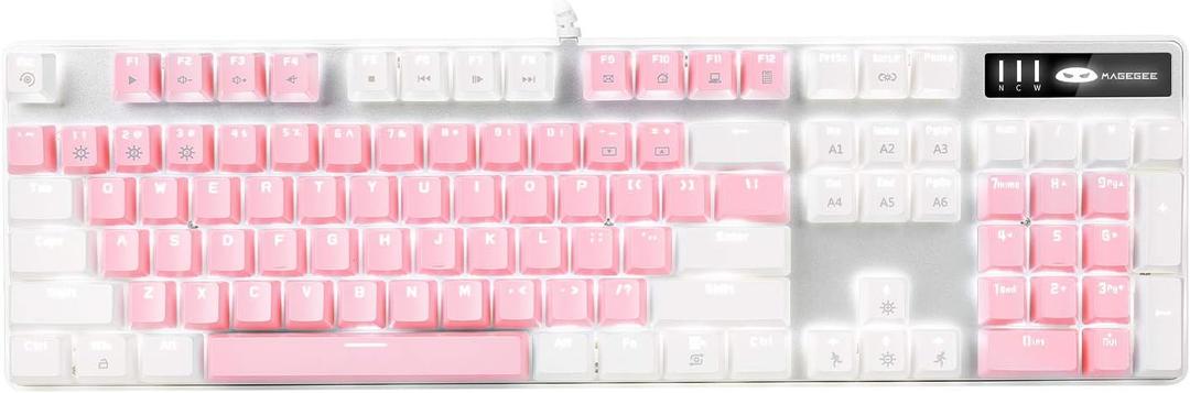 MageGee Mechanical Gaming Keyboard, New Upgraded Blue Switch 104 Keys White Backlit Keyboards, USB Wired Mechanical Computer Keyboard for Laptop, Desktop, PC Gamers(White & Pink) (White & Pink - Blue Switch)