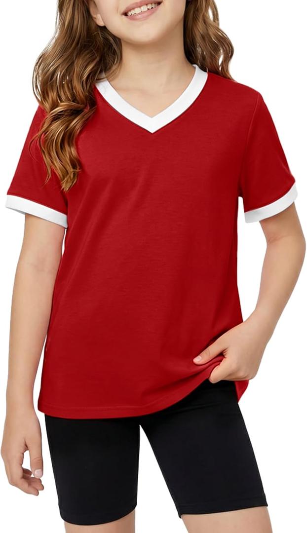 Poroka Girls Short Sleeve Shirt V-Neck Tee with Ribbed Trim Plain T-Shirts Soft Fashion Summer Tops for Girls, 7-14 Years (Red)
