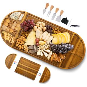 Extra Large Charcuterie Boards, 30'' x 13'' Acacia Cheese Board 3 Part Magnetic Long & Round Boards with Knife Set, Opener & Cheese Marker, Unique Serving Tray for Birthday, Wedding Gift