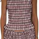 Women 2pcs Smocked Ruffle Shorts Pajamas Set Sleeveless Round Neck Plaid Print Crop Top Elastic Waist Shorts Lounge Set Size S