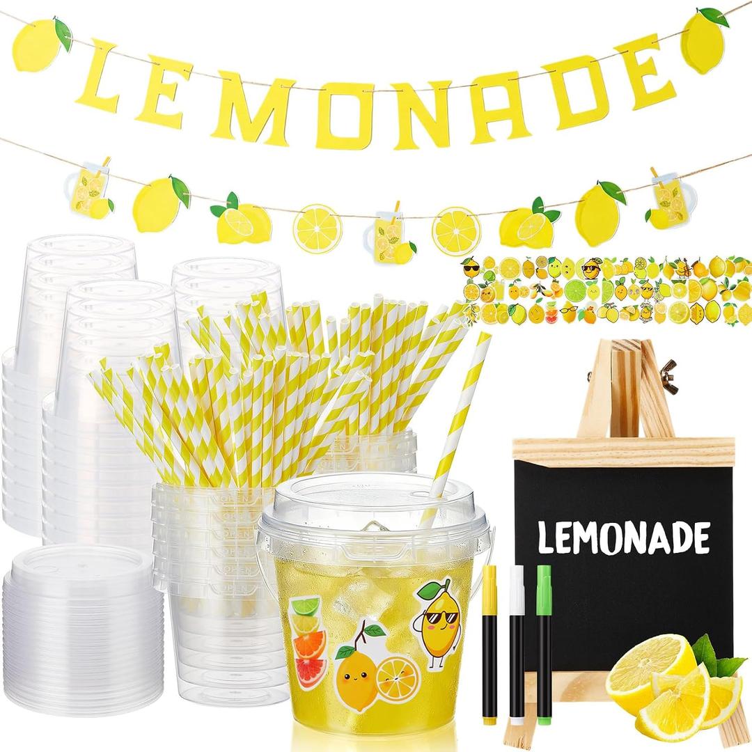 87 Pcs Lemonade Stand Supplies 30 Lemonade Drink Buckets with Lids and Straws 2 Banners 1 Wooden Blackboard with 3 Chalks Lemon Stickers Reusable Cups for Summer Lemon Birthday Party Fruit Juice Stand