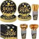 175PCS Graduation Plates and Napkins Set 2026 Graduation Party Supplies Tableware Set Include Paper Plate Napkin Cup Knife Fork Spoon for Black Gold Grad Party Decor Serve25 (Black and Gold)