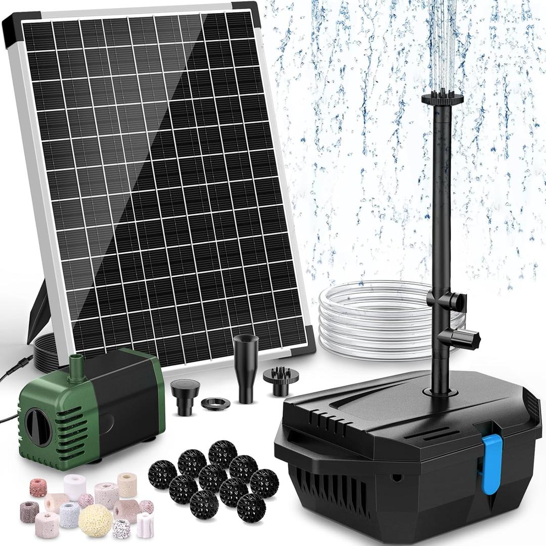 POPOSOAP 20W Solar Pond Filter with Fountain Pump, Solar Pond Pump and Filter Kit for Outdoor Pond Filter Box with Bio Media for Water Gardens, Ponds Up to 280 Gallons P3202