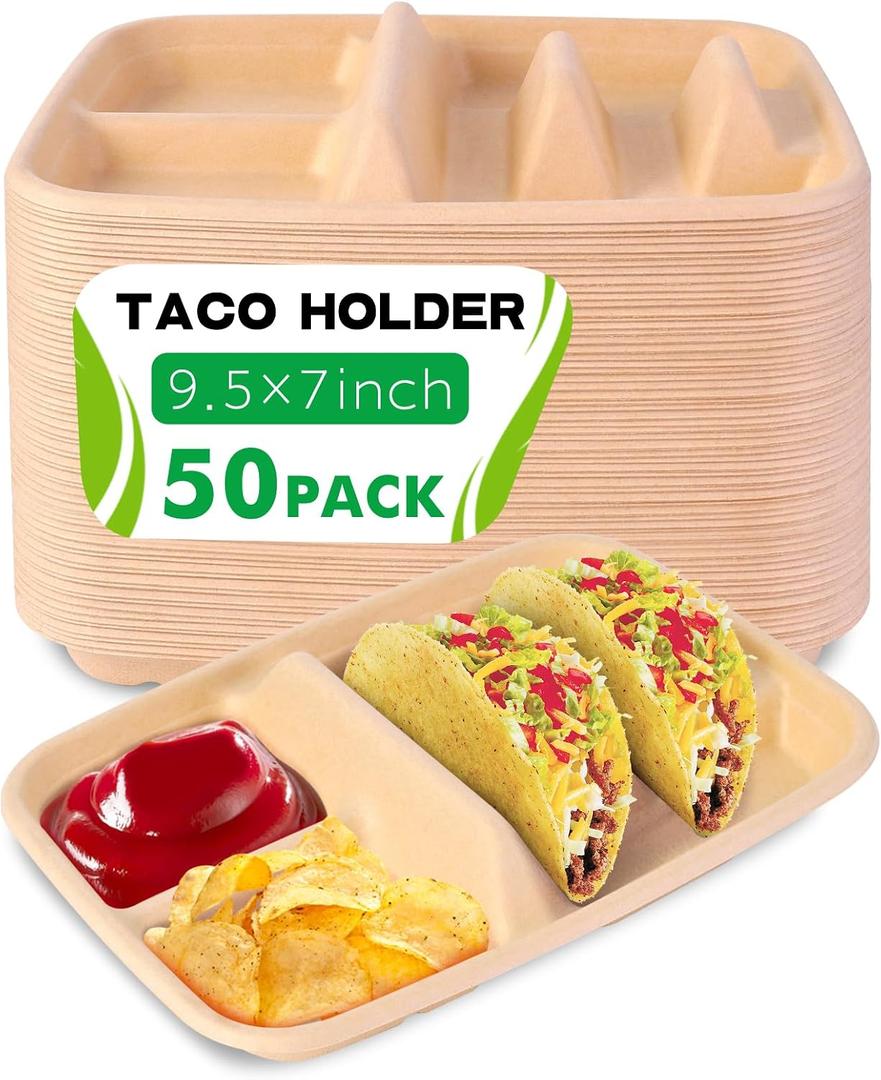 tchrules 50pcs Taco Plates Disposable for 2 Tacos & 2 Sides, Premium Paper Taco Holders for Tacos Tuesday Bar Serving Set, Decorations Supplies (50)