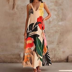Women's Summer Resort-Style Floral Print Elegant V-Neck Tank Dress S