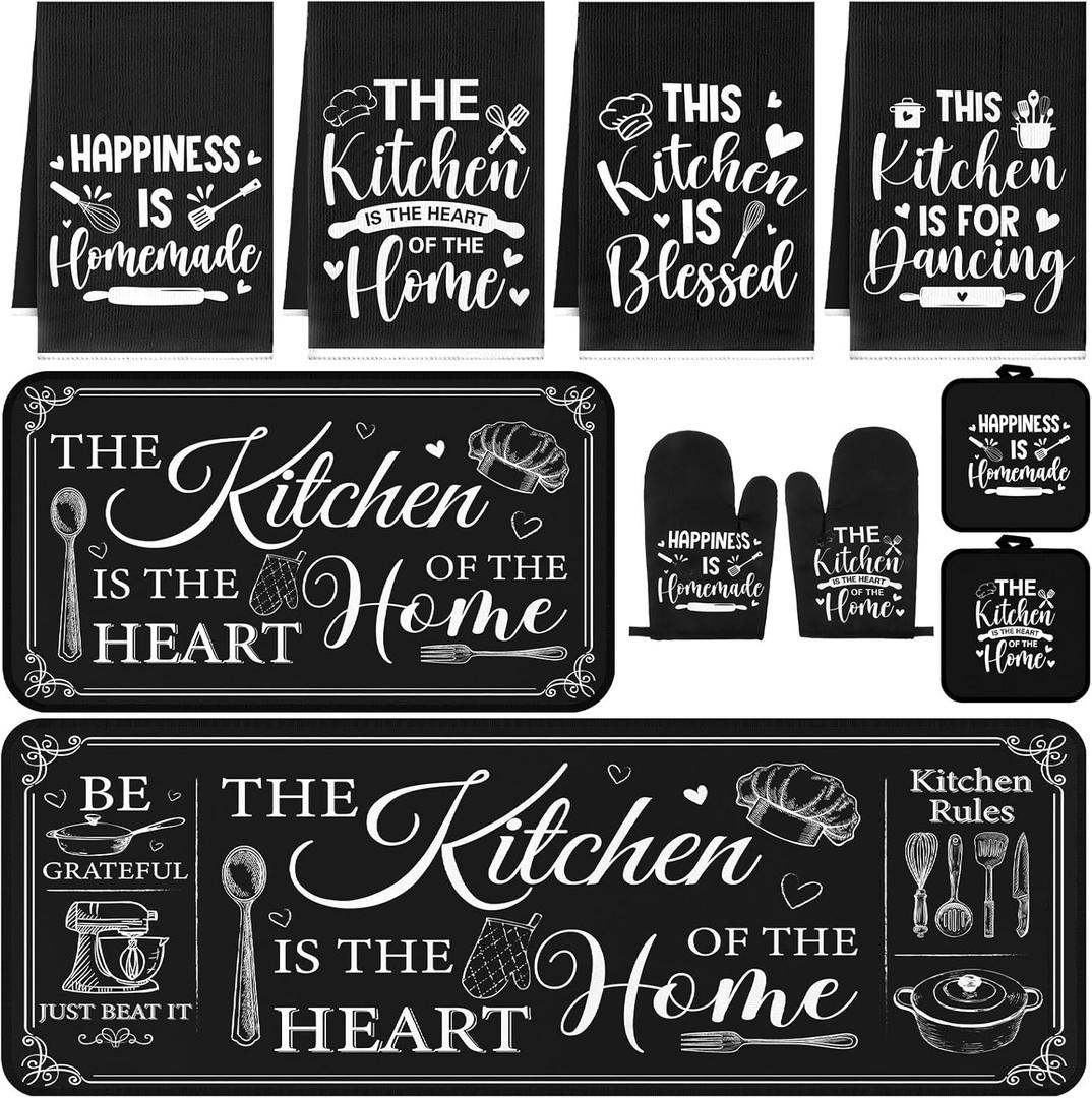 Fourluoo 10 Pcs Farmhouse Kitchen Decor and Accessories Set 4 Kitchen Towels 2 Pot Holders 2 Oven Mitts 2 Rugs for Cooking Baking Mom Housewarming Gifts(Black,Classic Style)