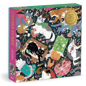 Galison Catmas Chaos  500 Piece Foil Jigsaw Puzzle Featuring Charming Artwork of Cats Getting Ready to Celebrate Christmas
