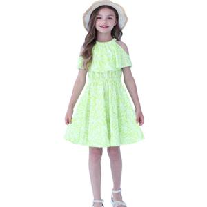 Girls Summer Hawaiian Dress Floral Halter Neck Cold Shoulder Sleeveless Beach Sundress 1-12 Years (Green)