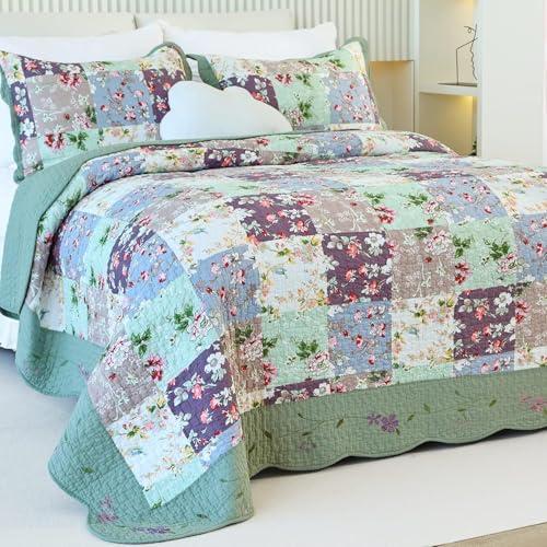 EVENHUG 100% Cotton Quilt Set Queen Size Floral Patchwork Bedding Sets with Pillow Shams Breathable Lightweight Bedspreads Coverlet for All Season 3 Piece (92"x96")
