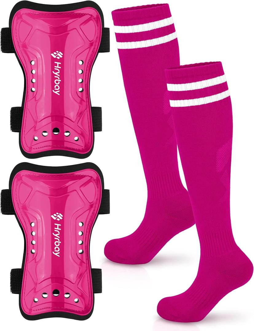 Hryrbay Kids Soccer Shin Guards and Socks Toddler Soccer Shin Pads Protective Defender Gear for Boys Girls Ages 3-15 Great for Training, Matches, Inspired by the World Cup Rose, Red, Small