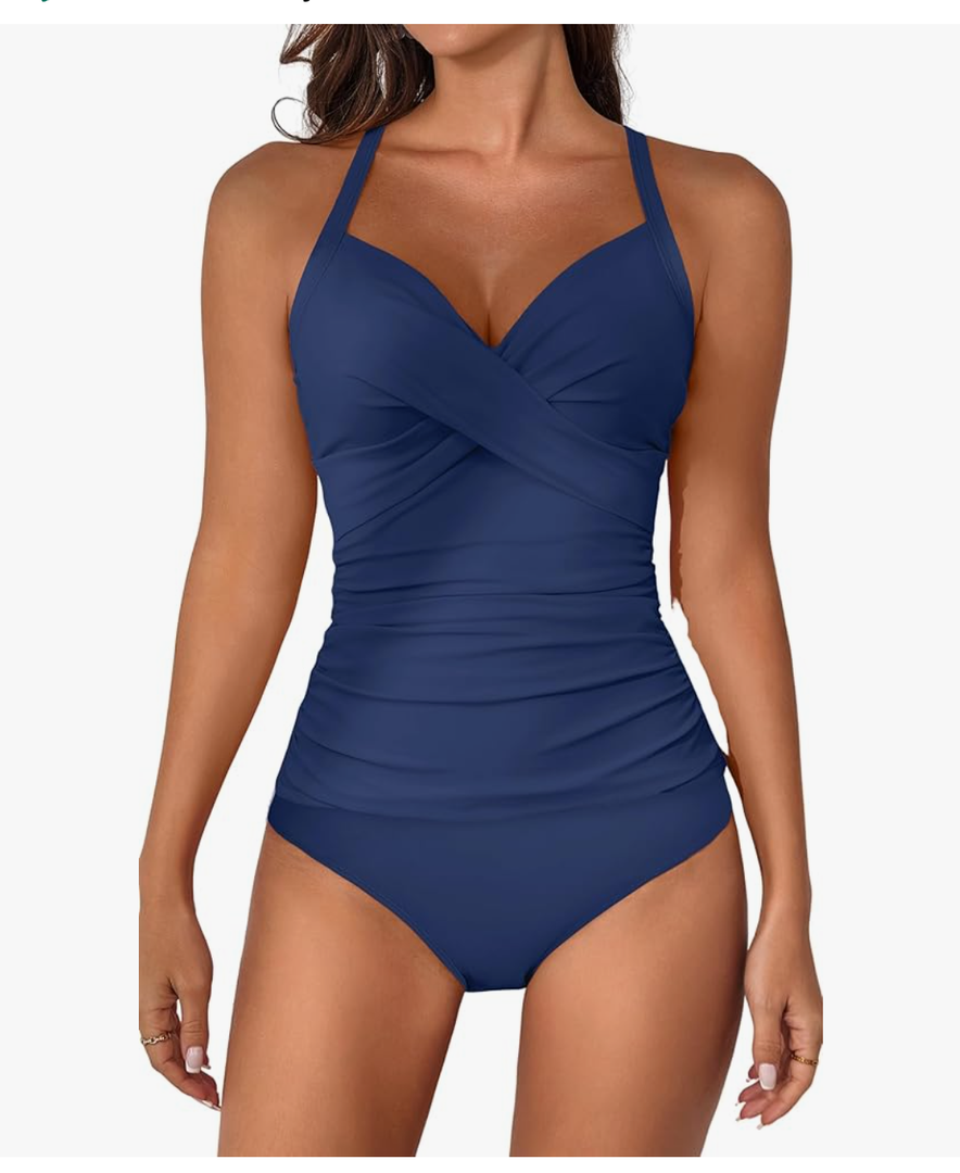 B2prity Women's Ruched Tankini Swimsuits V Neck Wrap Tie Back Two Pieces Bathing Suit Tummy Control Swimwear L