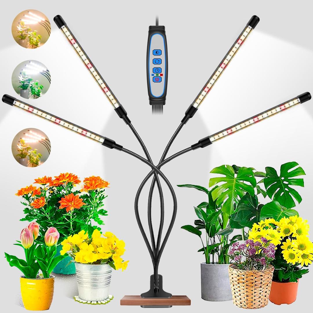 Garpsen Grow Light, 4 Arms 80 LED Sunlike Full Spectrum Plant Lights Indoor with 6/12/16H Auto Timer, 5 Dimmable Levels & 3 Color Grow Lamp for Greenhouse Hydroponics Succulent