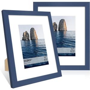 8x10 Picture Frame Set of 2, 8 x 10 Wood Photo Frames with Mat for 5x7, Natural Wooden Frame with Real Glass Cover for Wall and Tabletop Display,Blue