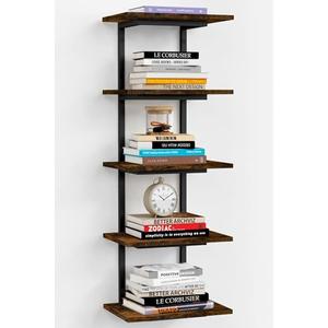 Harwaya 5 Tier Wall Bookshelf Unit for Bedroom Books, Large Floating Book Shelves Wall Mounted, Rustic Wood Lack Tiered Hanging Shelf for Kitchen Office Living Room Corner (Dark Brown)