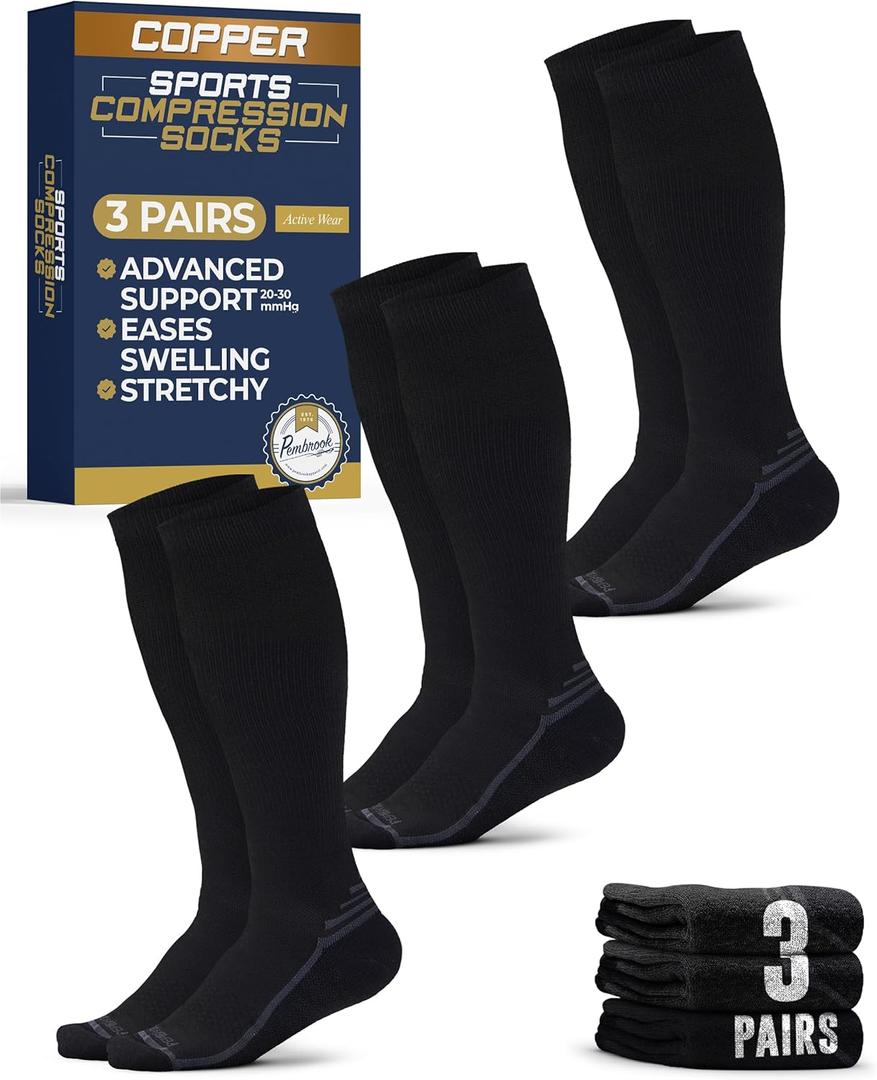 Pembrook 3 Pairs Copper Mens Compression Socks 20-30 mmHg, Running, Hiking, Athletic Cycling, Travel | Circulation Support (Large, Black (Dark Gray Accents) - 3 Pairs)