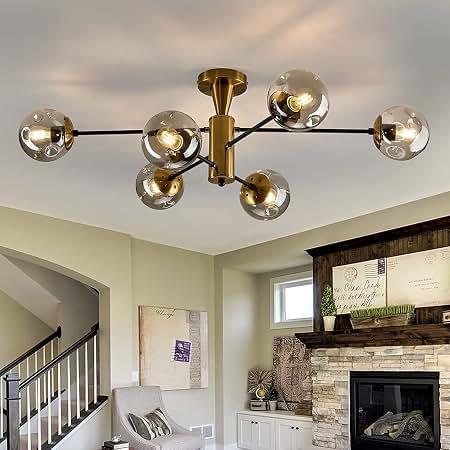 hesoge Modern Semi Flush Mount Ceiling Light Fixture 6-Light Sputnik Gold Chandelier with Glass Globe Mid Century Ceiling Lighting for Dinning Room Farmhouse Kitchen Bedroom Living Room
