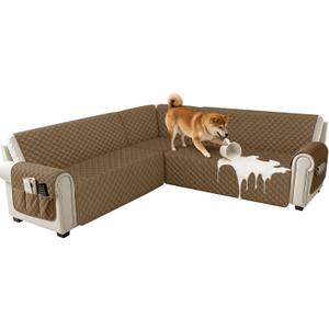 U Shaped Sectional Couch Covers for L Shaped Corner Sofa Waterproof 6 Piece Washable Sectional Sofa Cover Non Slip Velvet Couch Slipcover Protector for Dogs Pets (Small, Light Brown)