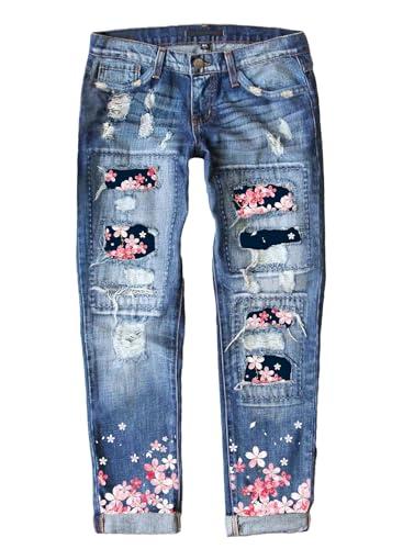 EVALESS Ripped Jeans for Women Fashion Jeans for Women Tummy Control Patchwork Cute Trendy Casual Rainbow Flower Print Distressed Denim Pants with Hole Sky Blue XX-Large