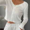 WDIRARA Women's V Neck Button Down T Shirts Lace Trim Long Sleeve Tee Crop Top (White, S)