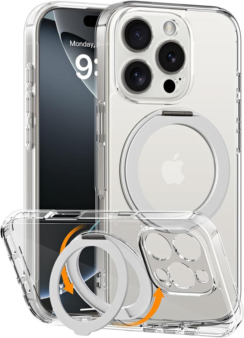COOLQO Magnetic for iPhone 16 Pro Max Case with Stand, Compatible with MagSafe, Military Grade Drop Protection, Non-Yellowing Scratch-Resistant Back Phone Case for iPhone 16 Pro Max 6.9 inch, Silver
