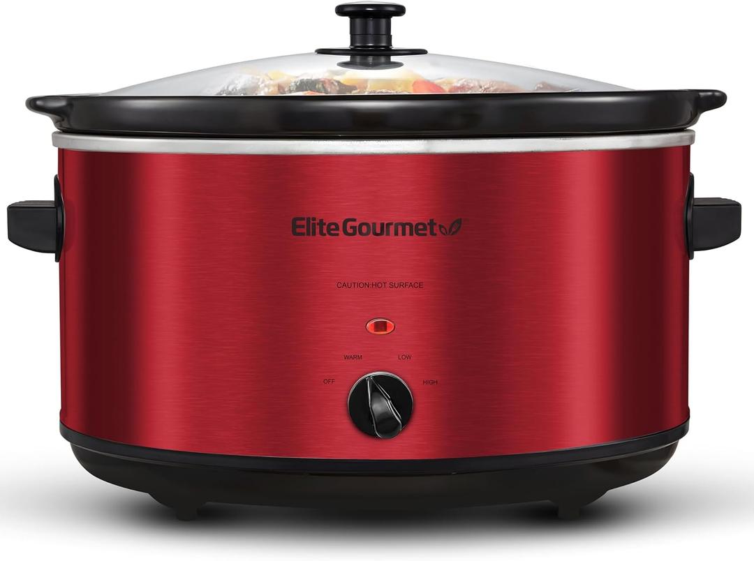 Elite Gourmet MST-900RXT Electric Ceramic XL Jumbo Slow Cooker, Adjustable Temp, Entrees, Sauces, Stews & Dips, Dishwasher Safe Glass Lid & Crock, 8.5Qt, Metallic Red, 8.5 Quarts