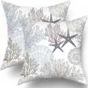 Ocean Coral Pillow Covers 16x16 Inch Nautical Coastal Throw Pillows Set of 2 Beach Seashell Starfish Pillow Case Soft Cotton Square Cushion Covers for Home Couch Sofa Patio Bedroom, Brown