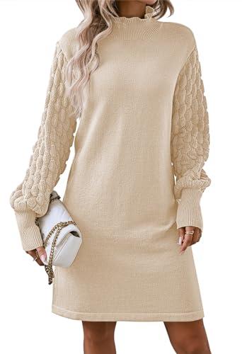 Sovoyontee Women's 2025 Fall Long Sleeve Mock Neck Sweater Dress Casual Loose Ribbed Knit Mini Short Pullover Dresses Apricot, XL