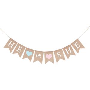 2 x GCQQ He or She Banner, No DIY He or She Gender Reveal Burlap Banners, Baby Shower Banner Sign for Girls or Boy, Gender Reveal, Welcome Baby Backdrop Decoration