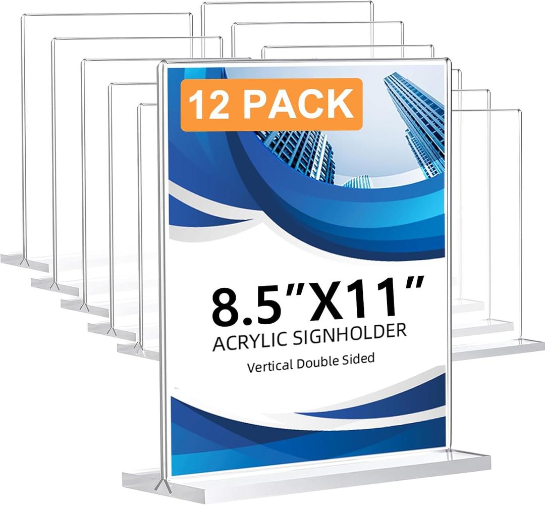 12 Pack Acrylic Sign Holder 8.5 x 11, Double-Sided Clear Sign Holder Plastic Stands for Display, T Shape Acrylic Table Sign Stands for Office Store Restaurants Wedding Party Decoration, Vertical 12 Pack 8.5x11
