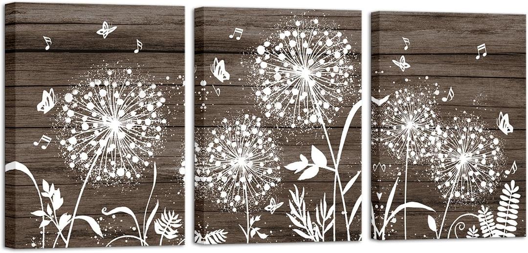 RnnJoile Rustic Dandelion Wall Art Set 3 Pieces Brown Abstract Flower Canvas Picture Painting for Farmhouse Wall Decor 12"x16" for Each (Brown)