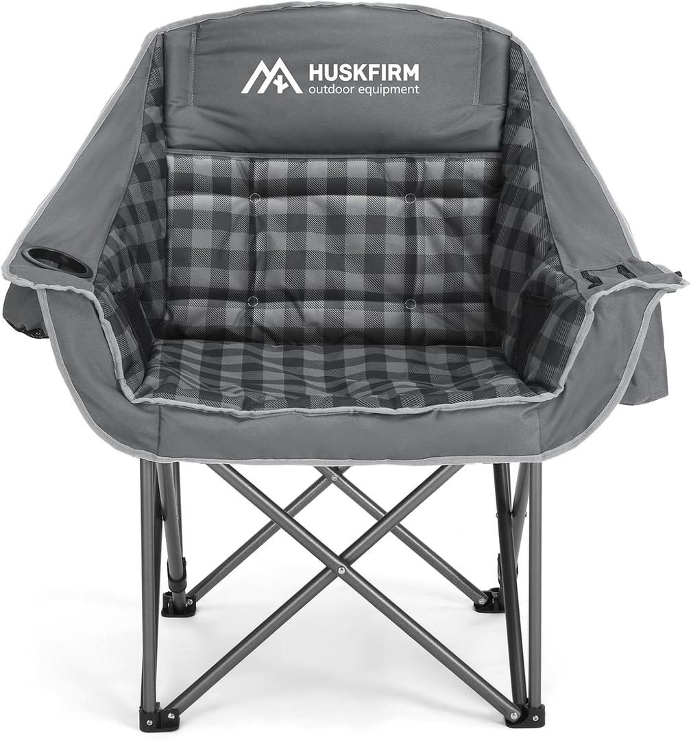 Huskfirm Oversized Camping Chair Padded Camping Chairs Heavy-Duty Foldable Camping Chairs with Cup Holder and Cooler Bag Portable Lawn Chair for Sports Outdoors-Support 450LBS, Grey, Single Pack