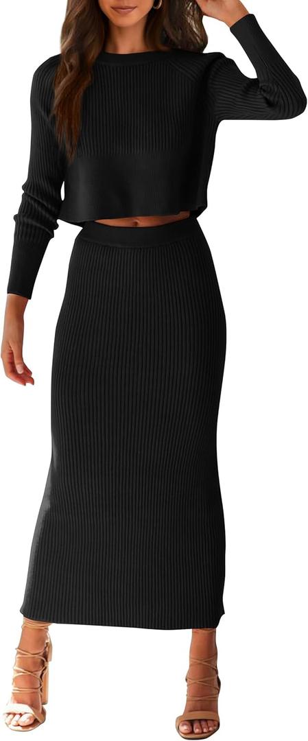 PRETTYGARDEN Women's Spring Fall 2 Piece Sweater Set Rib Knit Long Sleeve Crop Top Maxi Bodycon Skirt Casual Winter Outfits (Black, Large)