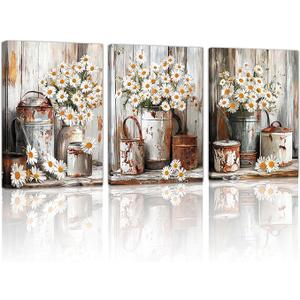WENGTIAO 3Pcs Rustic Daisy Canvas Wall Art Fall Flower Prints Posters Vintage Country Flora Paintings Pictures Nature Botanical Artwork for Bedroom Living Room Bathroom 16x24