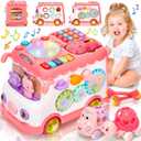 AmiDear Baby Gift for 1-2 Year Old Girl, 10-in-1 Montessori Toys Bus for Baby 6-12-18 Months+, Educational Musical Sensory Learning Toddler Toys Age 1-2, First Christmas and Birthday Gifts Pink