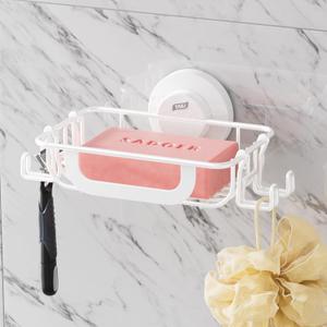 TAILI Soap Bar Holder Dish with Hooks, Shower Soap Tray Saver Suction Cup with Razor Holder for Wall, Rustproof Stainless Steel Bath Shampoo Caddy for Bathroom Accessories Organizer,Sink,White (1 Tier)