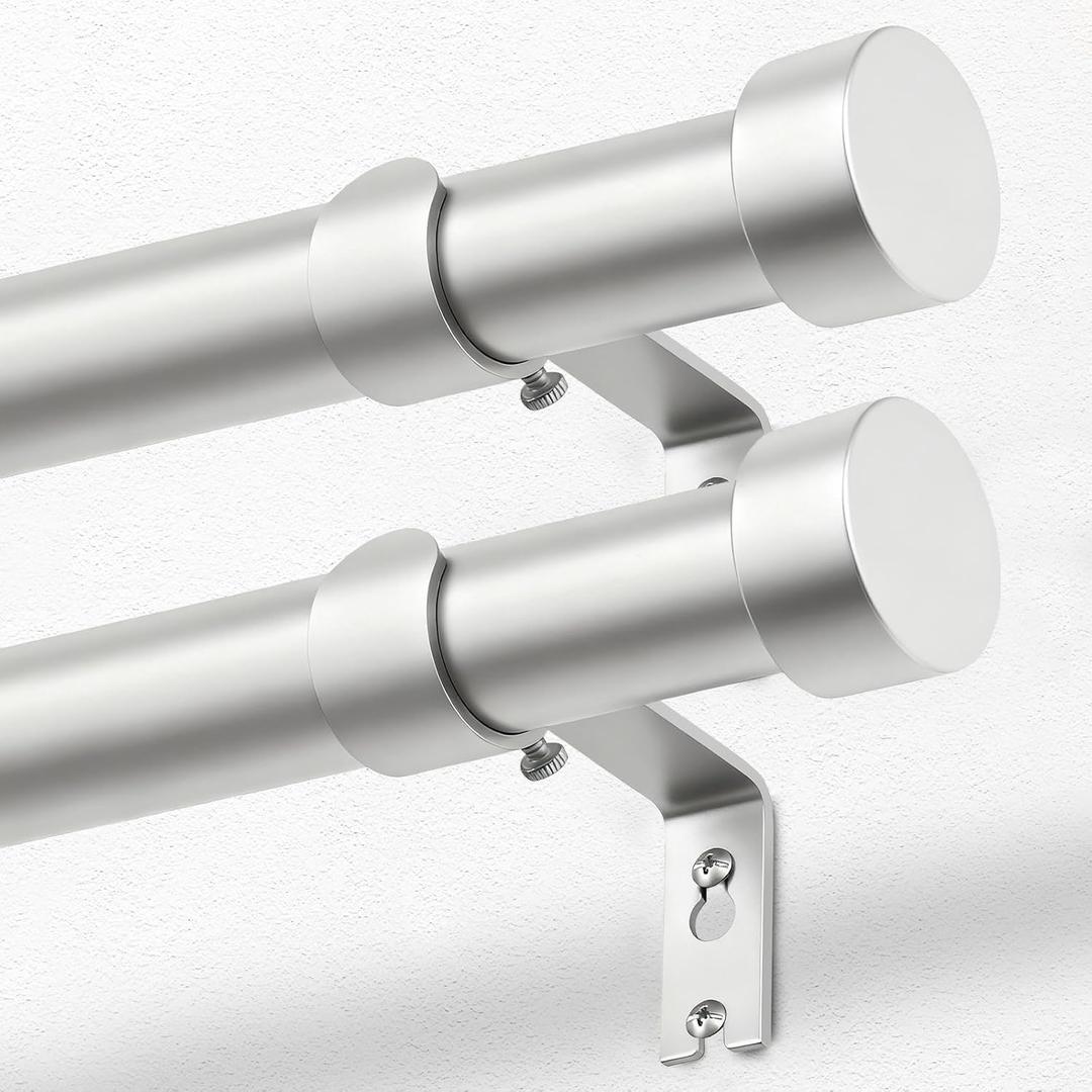 KAMANINA Curtain Rods 2 Pack, Heavy Duty Curtain Rods for Windows 28 to 48 Inch, 1 Inch Silver Modern Drapery Rod with End Cap (32"-58", 2Pack)